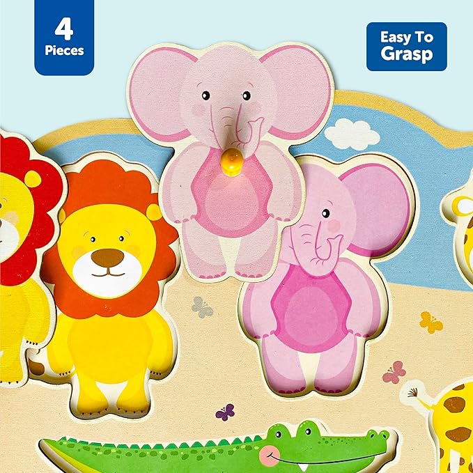 Mini Leaves Jungle Animal Friends Jumbo Knob Wooden Puzzle | Knob Puzzles for Kids for Age 1 and Above | Educational Puzzle