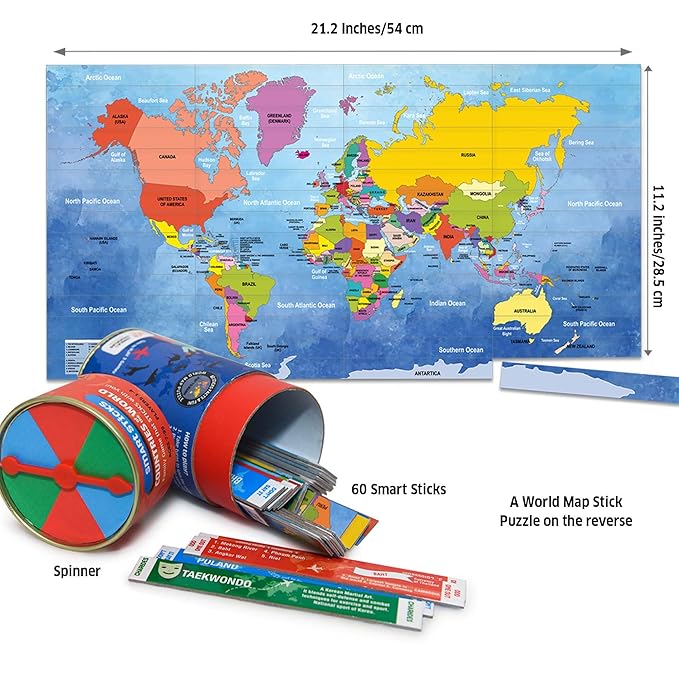 Chalk and Chuckles Smart Sticks Countries of the World Games for Kids | Fun Educational Toys | Card Game | Map Puzzle