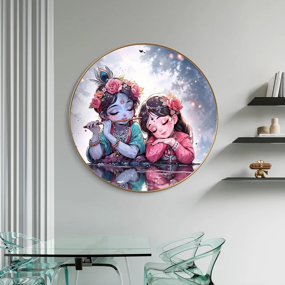 Livin'luxe Paintings Krishna and Radha Childhood Bliss Wall Painting with Frame - Sparkle Glossy Round Golden Framed Large