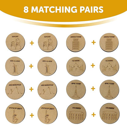 Mini Leaves Wooden Memory Card Game for 3+ 8 Wonders of the World With Wooden Box Multipurpose Game Pattern