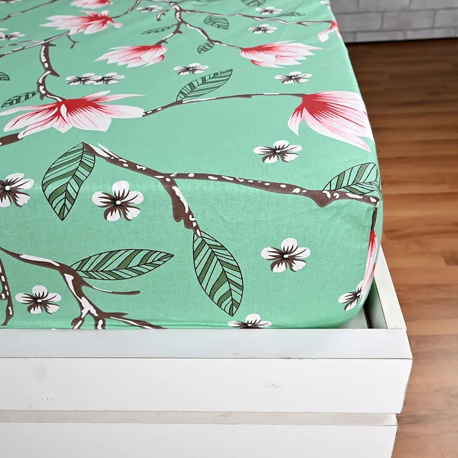 Divine Casa Floret 100% Cotton Double Fitted Bedsheet 144 TC Colour Blossom Haven Mint