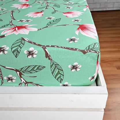Divine Casa Floret 100% Cotton Double Fitted Bedsheet 144 TC Colour Blossom Haven Mint
