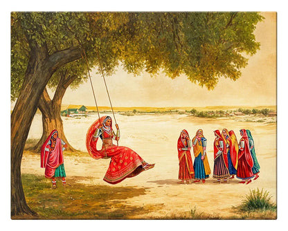 ArtX Paper Women on Swing Indian Village Scene AXDMD-0103-VIL Nature Wall Art Painting