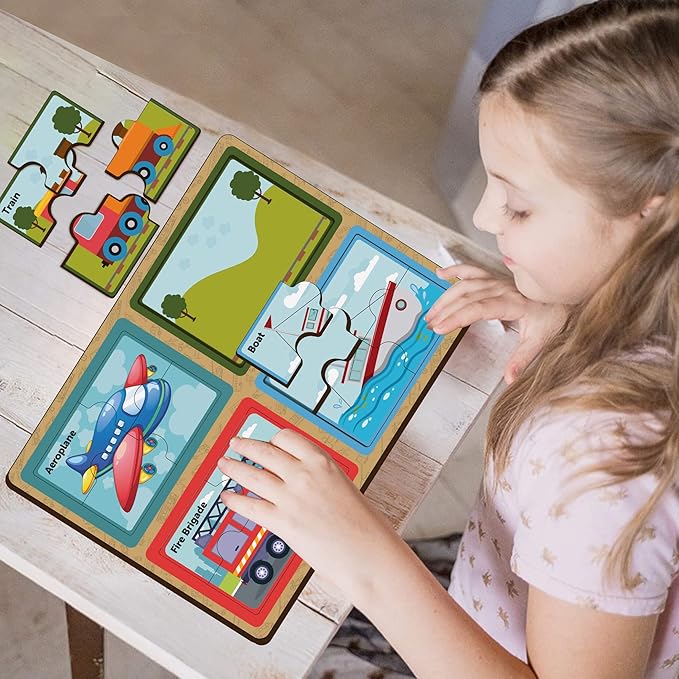 Mini Leaves Four 4 Piece Vehicle Wooden Puzzle for Kids | Set of 4 Chunky Vehicle Jigsaw Puzzle | Educational Puzzle Game