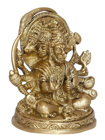 Ecraftindia Golden Brass Handcrafted Sitting Panchmukhi Hanuman Statue | Bajrangbali Religious Idol Murti