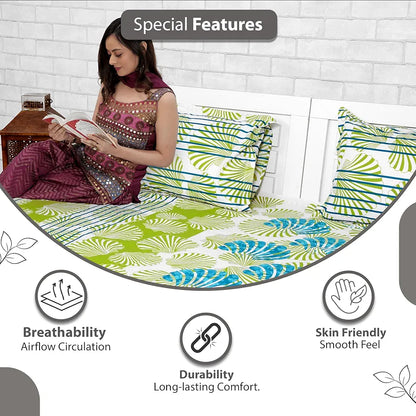 Divine Casa 144 TC 100% Cotton Bedsheet for Double Bed with 2 Pillow Cover Colour Ocean Green