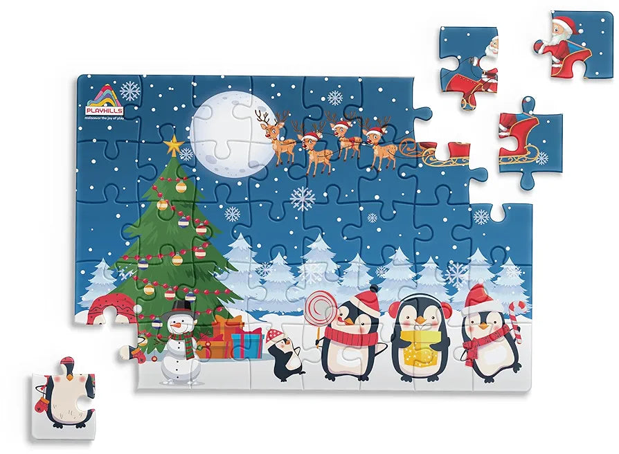 Playhills Wooden Puzzle Happy Penguin Family Celebrating Christmas 60 Puzzle Pieces, Ideal Christmas Gift for Kids 3,4,5,6,7 Years