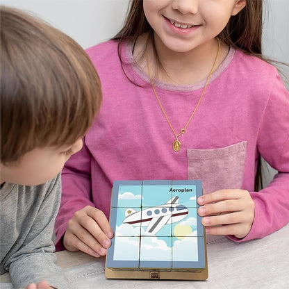 Mini Leaves 6 in 1 Transport Wooden Cube Block 6 Sides with 6 Animal with Storage Tray Kids 3+ Years | Educational Sorting and Assembling Toys