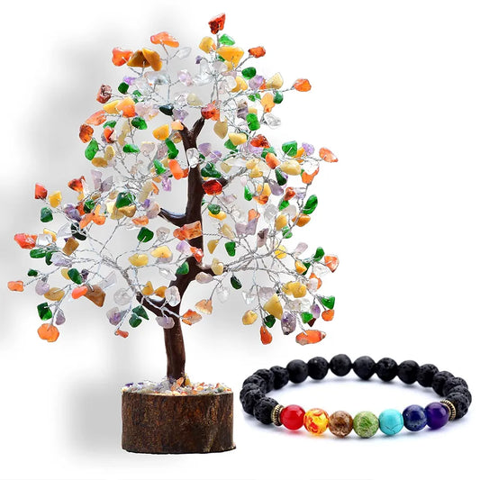 Reikved Mix Chakra Crystal Natural Gemstone Mix Chakra Silver Bonsai Money Tree with Chakra Bracelet