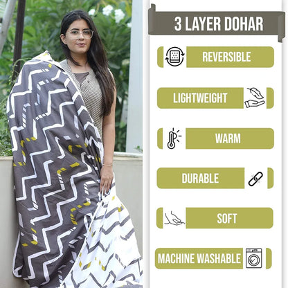 Divine Casa 120 GSM Microfiber Single Dohar Soft & Lightweight Throw Blanket Cozy & Breathable Zig-Zag Pattern Mourning Colour Dove & White