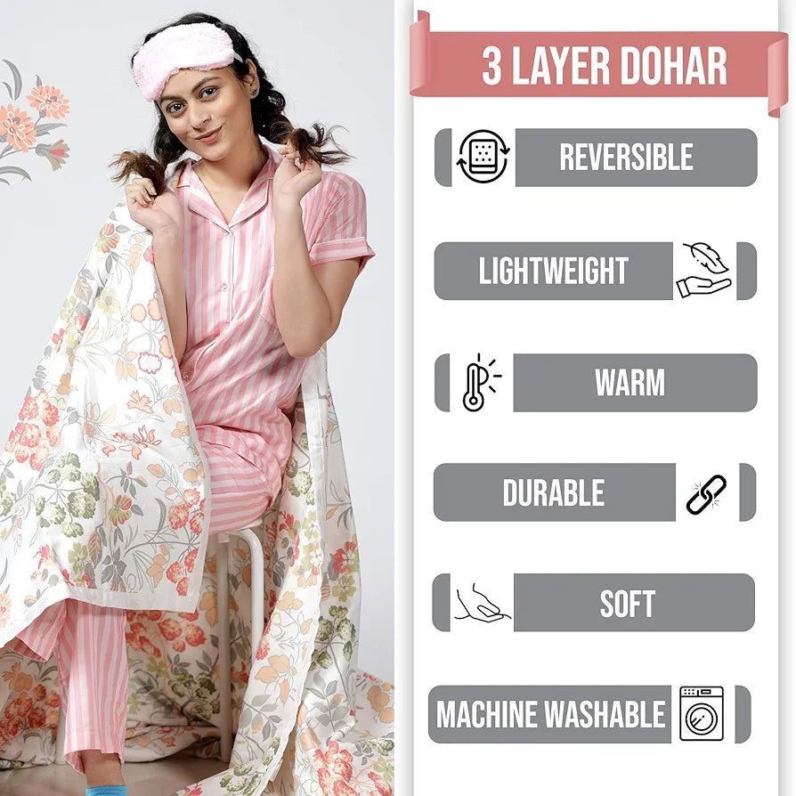 Divine Casa Floret 100% Cotton Single Dohar 120 GSM Soft & Lightweight Throw Blanket Colour Floral Blush