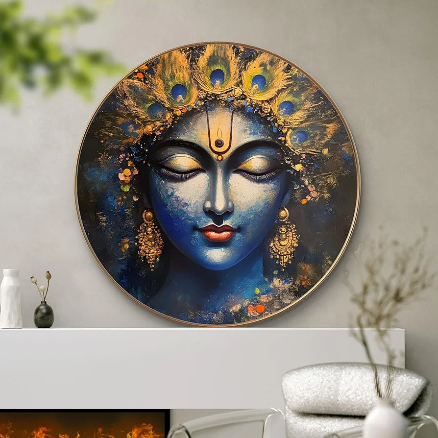Livin'luxe Paintings Divine Blue Goddess Wall Painting with Frame - Sparkle Glossy Round Golden Framed Large Painting
