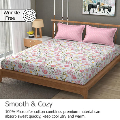 Fresh From Loom Floral XXL Microfiber Soft Cotton Bedsheet 240 TC King Size Bed Cover with 2 Pillow Cover Pink White