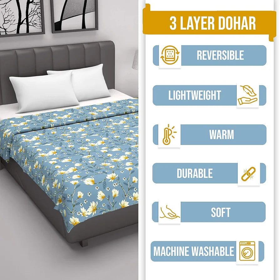 Divine Casa 100% Cotton Single Bed Dohar Lightweight & Soft AC Blanket Colour Blossom Haven Sky Blue