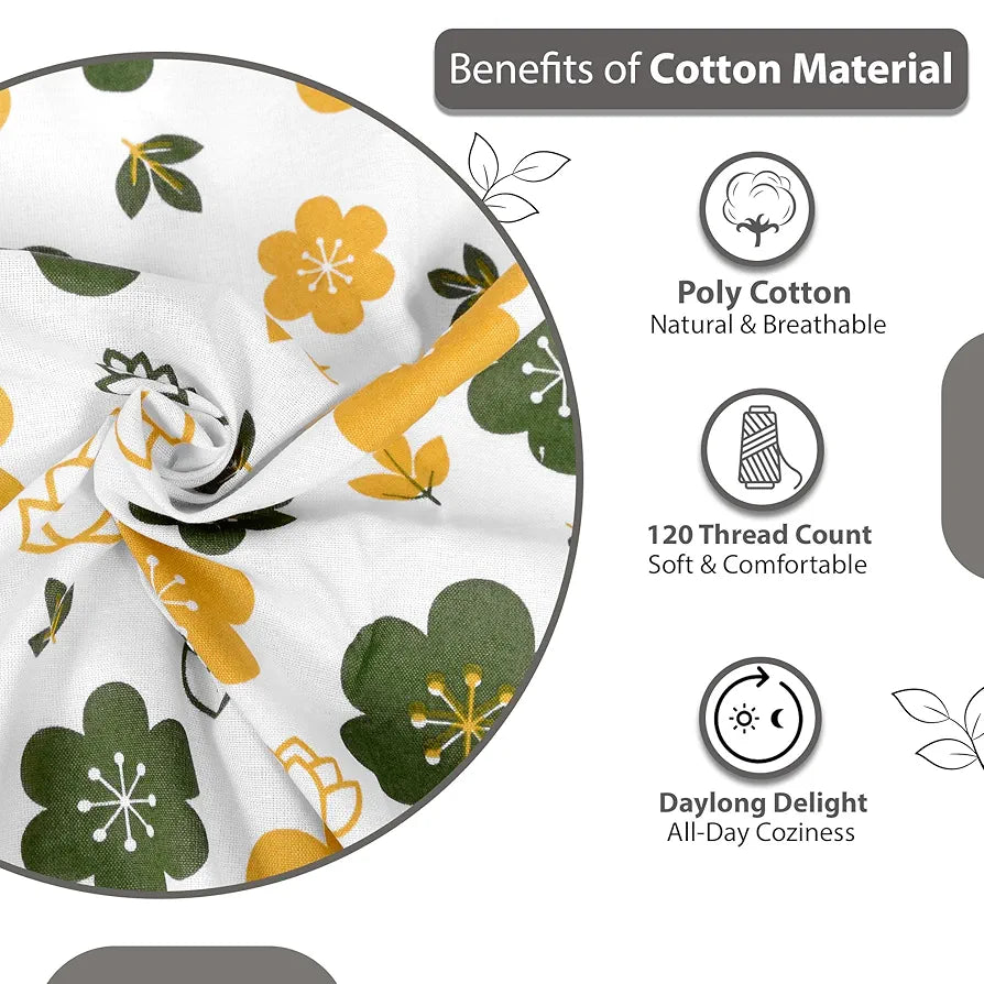 Divine Casa Bedsheet for Single Size Bed 144 TC Cotton Bedsheet for Single Size Bed with 1 Pillow Cover  Floral Mustard Colour Green