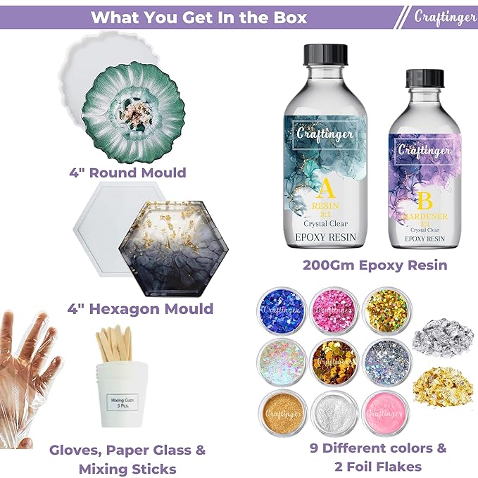 Craftinger Diy Resin Coaster Kit With 200gm Epoxy Resin Moulds and More | Multicolor