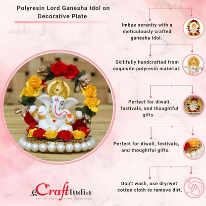 Ecraftindia Resin Lord Ganesha Idol on Decorative Rose Flower Plate | Ganesha Idol for Home Decor