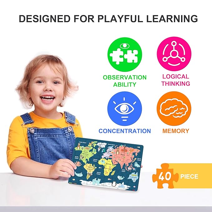 Fiddlys 40 Pcs Paperless Wooden Jigsaw Puzzle for Boys & Girls Learning Educational Toy for 4 Years and Above | World Map