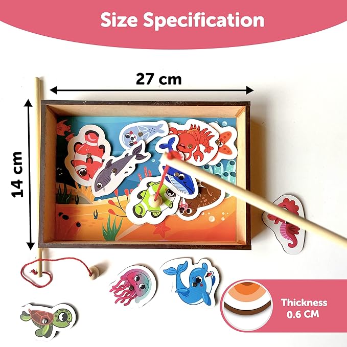 Mini Leaves Wooden Magnetic Fishing Game for Kids | Educational Fish Catching Game for Kids | 13 Pieces Square