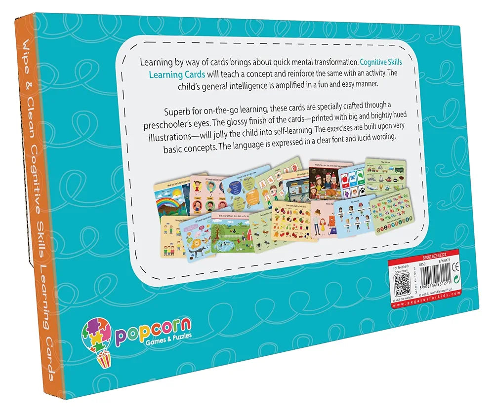 Cognitive Skills Flash Cards for Kids Early Learning Reusable 16 Flashcards for 3+ Years| Improve The Mental Skills | Fun & Easy Learning Way for Preschoolers | Wipe & Clean Marker Pen