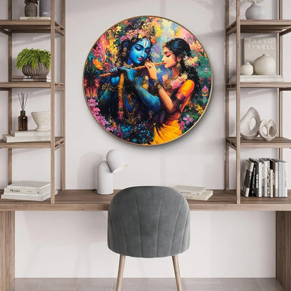 Livin'luxe Paintings Radha Krishna Divine Love Wall Painting with Frame - Sparkle Glossy Round Golden Framed Large