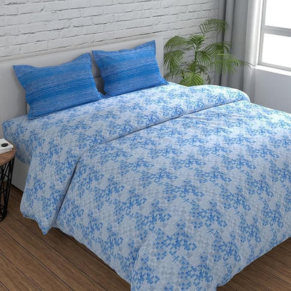 Huesland by Ahmedabad Cotton 144 TC King Size Bedsheet Cotton with 2 Pillow Covers | Grid | Blue, Grey & White