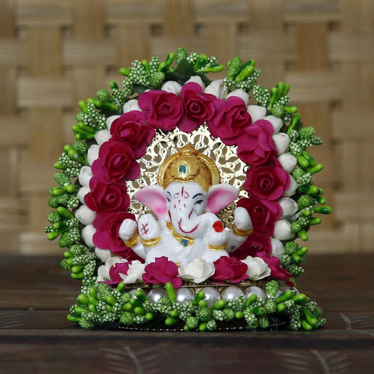 Ecraftindia Resin Lord Ganesha Idol on Decorative Green Pink Floral Plate | Ganesha Idol