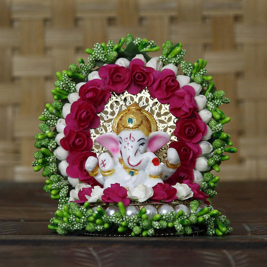Ecraftindia Resin Lord Ganesha Idol on Decorative Green Pink Floral Plate | Ganesha Idol