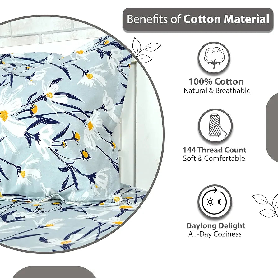 Divine Casa 100% Cotton Bedsheet for Single Bed, 144 TC Bedsheet Single Size Bed Cotton with 1 Pillow Cover Colour Aqua Bloom