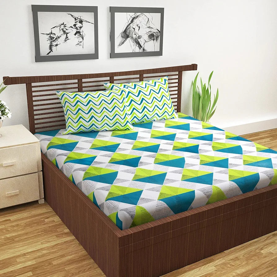 Divine Casa 144 TC 100% Cotton Double Bedsheet with 2 Pillow Covers Floral Pattern Colour Sky Blue & Lemon