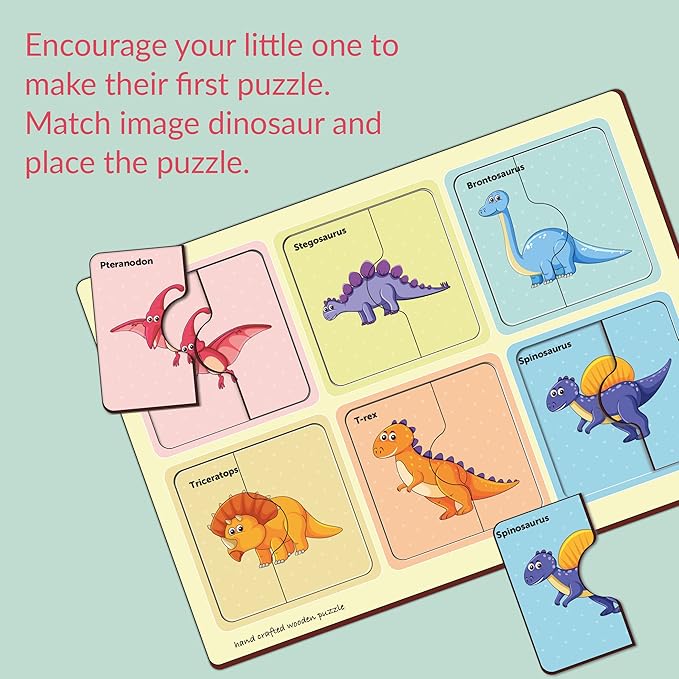 Mini Leaves 2 Piece Puzzle for Kids | Dinosaurs Jigsaw Puzzle | Set of 6 Wooden Puzzles for Kids | Educational Toys for Kids