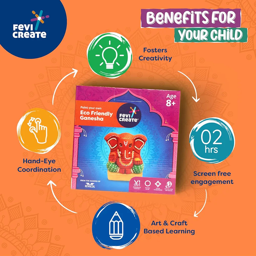 Fevicreate Eco-friendly Ganesha Painting art and craft kit, Paint Ganpati idol made by local artisans Craft materials provided Make pandal from the box Immerse Ganesha at home Gift for girls and boys 8+ year