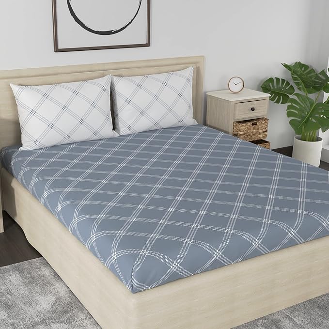 Huesland by Ahmedabad Cotton 186 TC Bedsheet for King Size Bed with 2 Pillow Covers | Grey & White