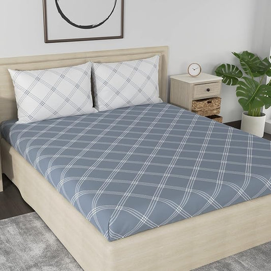 Huesland by Ahmedabad Cotton 186 TC Bedsheet for King Size Bed with 2 Pillow Covers | Grey & White