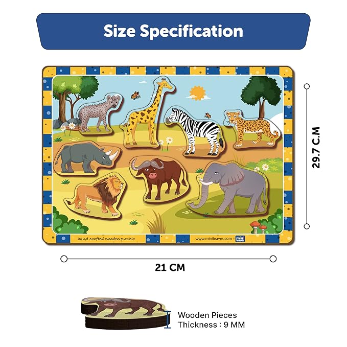 Mini Leaves Wooden Chunky Puzzle (2+ Years) - Learning Puzzle Toy Preschool Education Gift for Boys and Girls Wild Animal