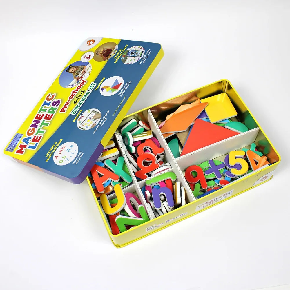 Butterfly EduFields 90+ Pcs Magnetic Alphabets for kids ages 3 4 5 years | Metal Box for Gifting | Magnetic Letters Numbers Tangram Shapes Puzzles | Best educational birthday Gift Pack for Boys &Girls