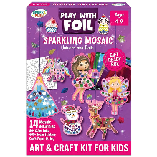 SparkLPlay Foil Art & Craft Kit for Girls Ages 4–9 | DIY Mosaic Activity | Foil Fun with 14 Theme Danglers, 80+ Color Foils & 400+ Stickers | Birthday Gift | Unicorn, Princess & Doll Theme