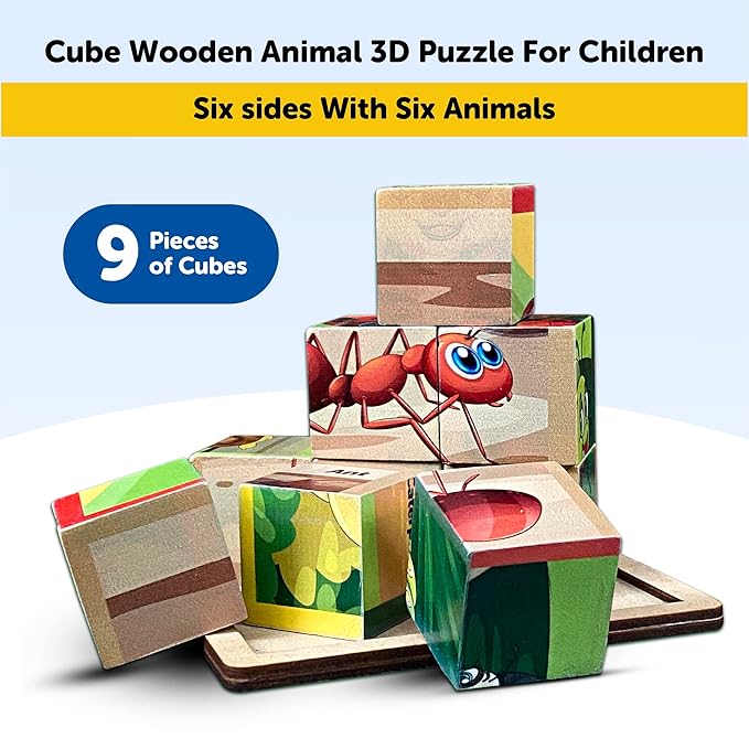 Mini Leaves 6 in 1 Insects Animals Wooden Cube Puzzle for Kids 3+ Years | Wooden Blocks 6 Sides With 6 Animal With Storage Tray