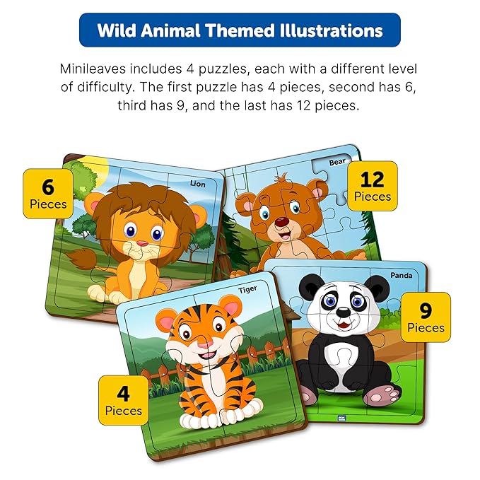 Mini Leaves Wild Animal 4-in-a-box Wooden Puzzles With 4, 6, 9, and 12 Pieces | Difficulty Level Grows With Kids