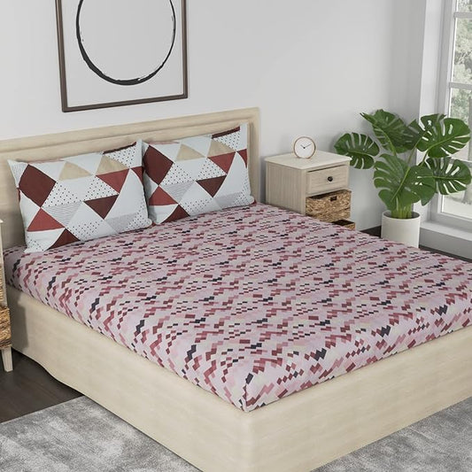 Huesland by Ahmedabad Cotton 186 TC Bedsheet for King Size Bed with 2 Pillow Covers | Brown, Brick & White