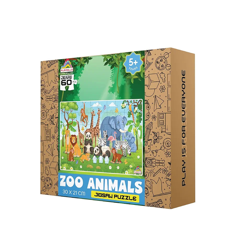 Playhills Wooden Puzzle Wild Animals Together in The Zoo 60 Puzzle Pieces, Ideal Holiday/Birthday Gift for Kids 3,4,5,6,7 Years