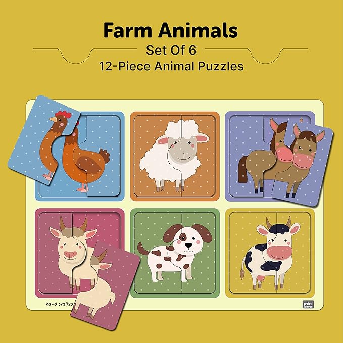Mini Leaves 2 Piece Puzzle for Kids | Farm Animals Jigsaw Puzzle | Set of 6 Wooden Puzzles for Kids | Educational Toys for Kids
