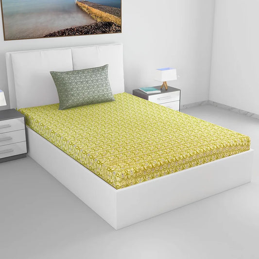 Divine Casa 144 TC 100% Pure Cotton Single Bedsheet with 1 Pillow Cover Ikat Diamond Print Colour Mustard Yellow
