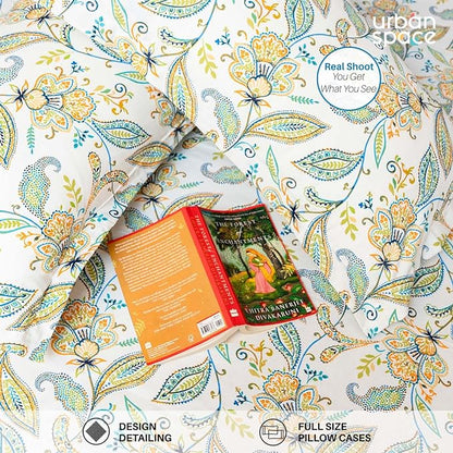 Urban Space Serene Cotton Floral Bedsheet For Double Bed With 2 Pillow Covers (Colour Iris Blue)