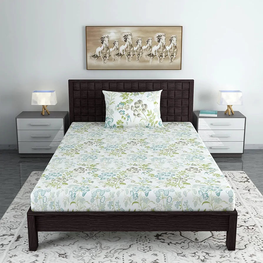 Divine Casa Bedsheet for Single Size Bed 144 TC Cotton Bedsheet for Single Size Bed with 1 Pillow Cover  Floral Colour Green Blush