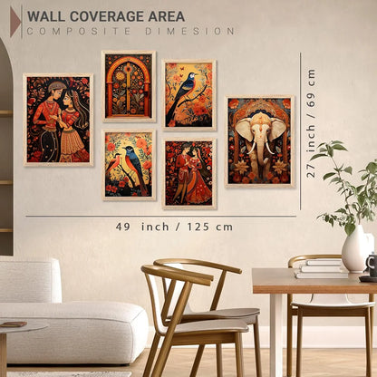 Kotart Madhubani Art Paintings with Frame Traditional Framed Painting Pack of 6