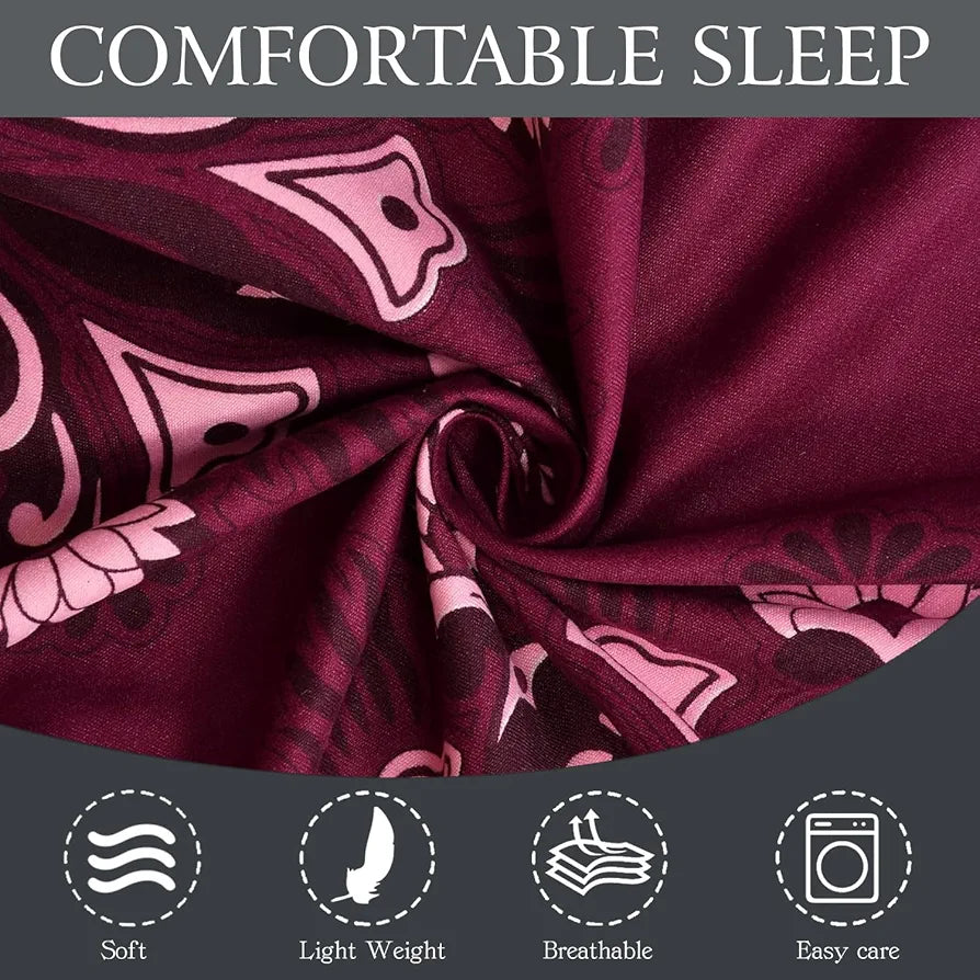 Fresh From Loom Floral King Size Microfiber Bedsheet Set Printed Hypoallergenic Wrinkle Free with 2 Pillow Covers 144 TC Wine