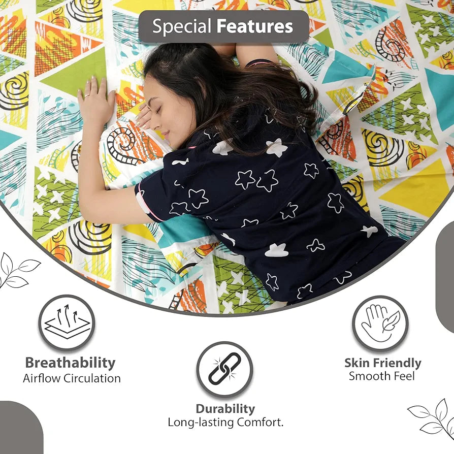 Divine Casa 100% Cotton Bedsheet for Single Bed, 144 TC Bedsheet Single Size Bed Cotton with 1 Pillow Cover Colour Aqua & Mustard