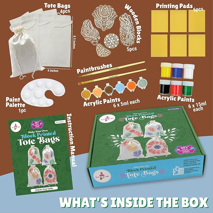 Kalakaram Make Your Own Block Printed Tote Bag Diy Activity Box | Tote Bag Block Print for Adults and Kids 12+ | Traditional Art Kit