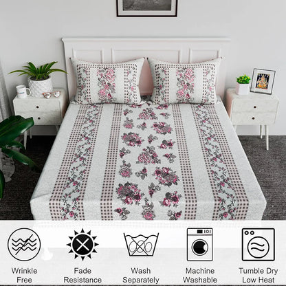Kuber Industries Cotton Bedsheets for Double Bed with 2 Pillow Covers Spain Flower Lining Green